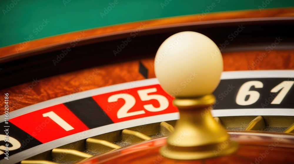 Close-up of a roulette wheel with the ball on number 25. Close-up of a roulette wheel with the ball on number 25.