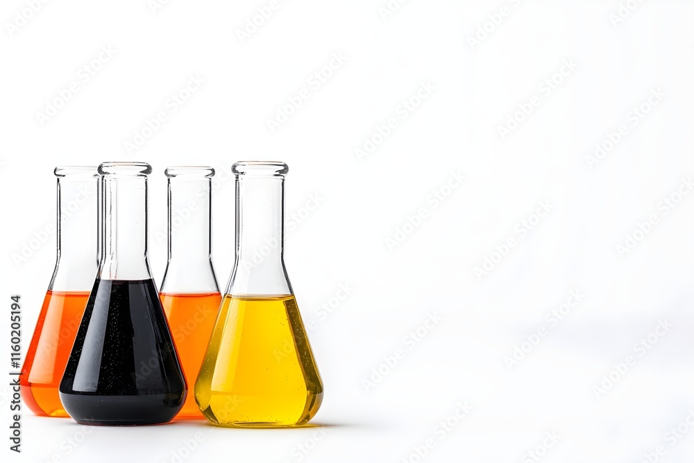 Four Erlenmeyer flasks filled with various colored liquids are displayed against a plain white background. Four Erlenmeyer flasks filled with various colored liquids are displayed against a plain white background.