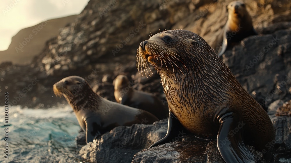 Fototapeta premium Seals resting on rocks near ocean at sunset.