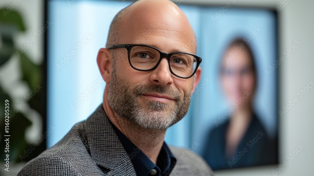 Fototapeta premium Confident businessman in glasses on video conference call.