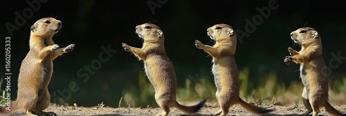 Four prairie dogs standing upright, alert and facing forward against a dark background.