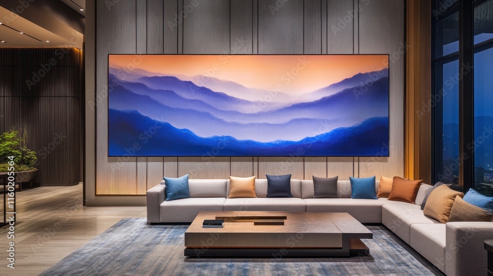 Fototapeta premium Modern living room with large landscape artwork above sectional sofa.