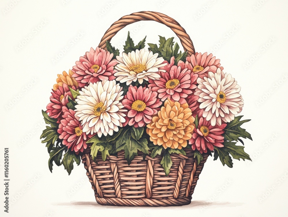 Obraz premium Beautiful blooming basket of colorful flowers on a white background floral art bright and cheerful atmosphere