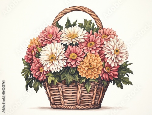 Beautiful blooming basket of colorful flowers on a white background floral art bright and cheerful atmosphere