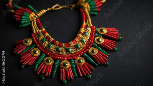 Stunning gold ethno style necklace with red and green gemstones on black background.African traditional jewelry for fashion, jewelry and luxury themes photo