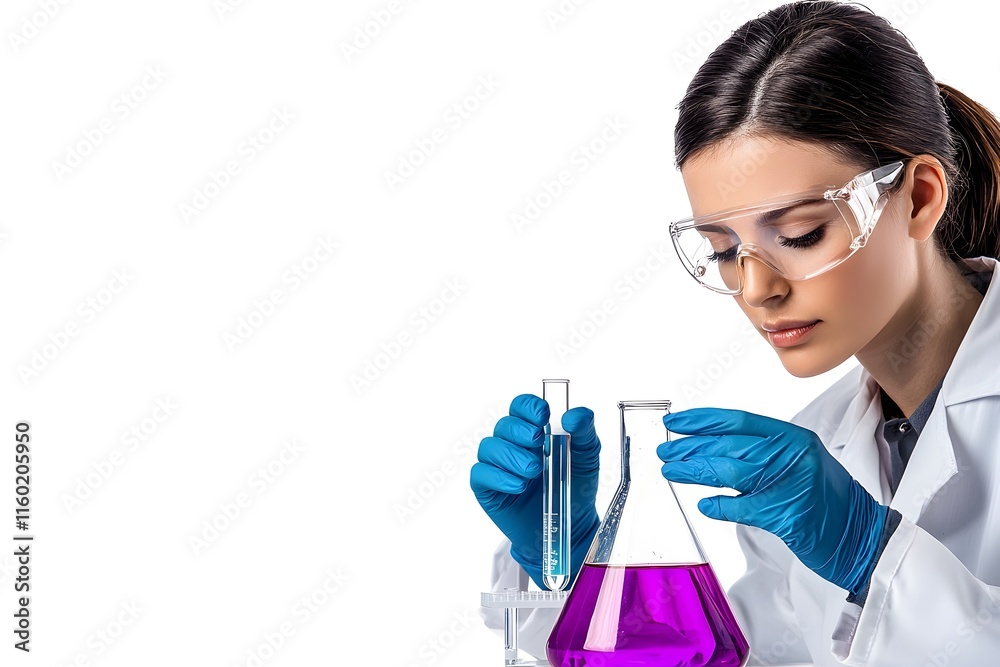 A female scientist in a white lab coat, wearing safety glasses and blue nitrile gloves, is intently examining beakers and test tubes filled with vibrant purple and light blue liquids. A female scientist in a white lab coat, wearing safety glasses and blue nitrile gloves, is intently examining beakers and test tubes filled with vibrant purple and light blue liquids.