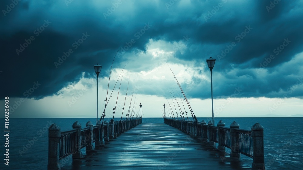 Fototapeta premium A serene pier for sea fishing under a dramatic stormy sky, Fishing rods under turbulent clouds, Stormy tranquility style