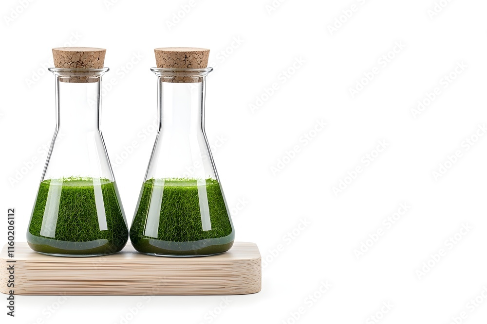 Close-up of two clear glass Erlenmeyer flasks, each filled with a vibrant green liquid, resting on a light brown wooden base. Close-up of two clear glass Erlenmeyer flasks, each filled with a vibrant green liquid, resting on a light brown wooden base.