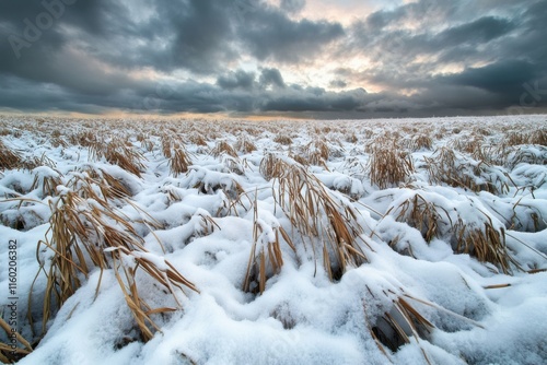 Snow covers a vast field of wheat under a dramatic sky at dusk in winter photo