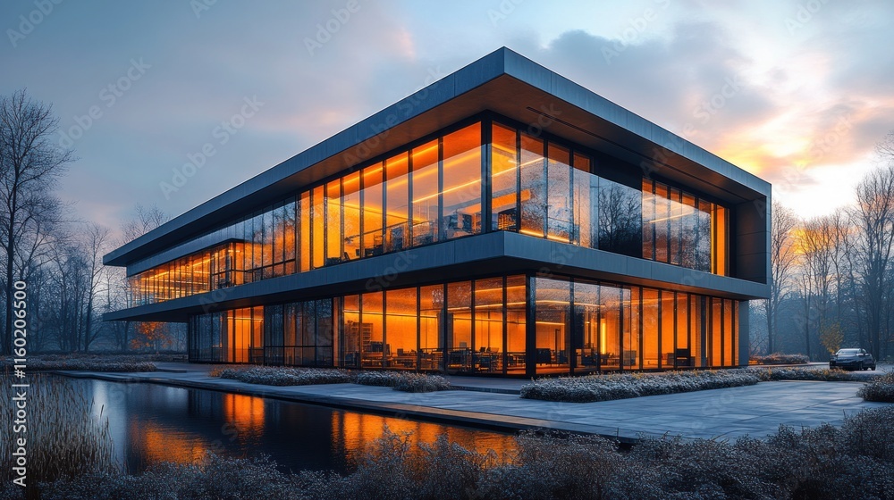 Fototapeta premium Illuminated Modern Office Building at Dusk