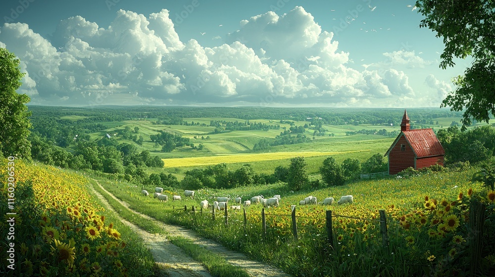 Obraz premium A serene landscape featuring a red barn, green fields, and grazing cows under a blue sky.