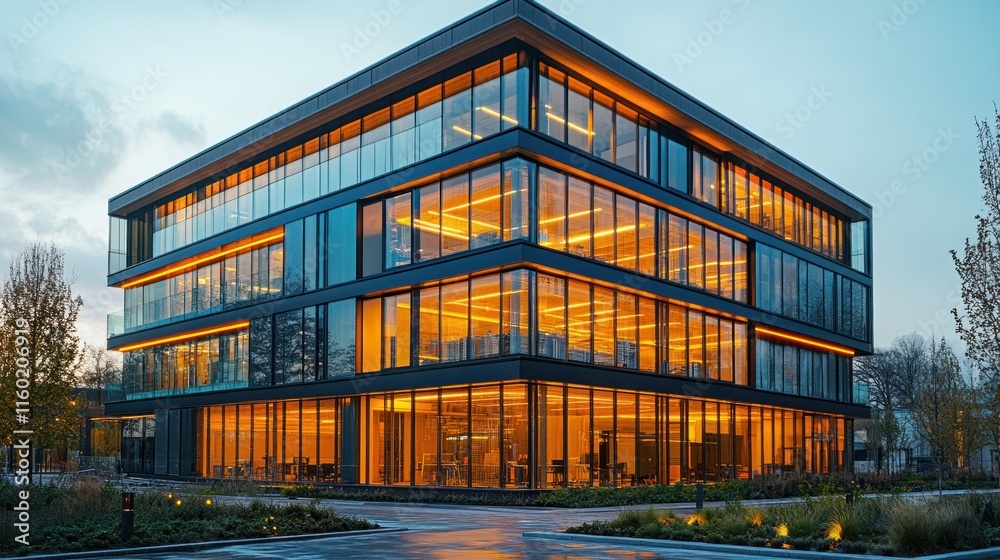 Illuminated Modern Office Building at Dusk Illuminated Modern Office Building at Dusk