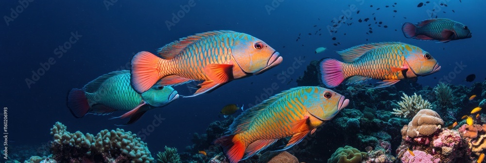 Fototapeta premium Vibrant coral reef fish swimming in ocean.