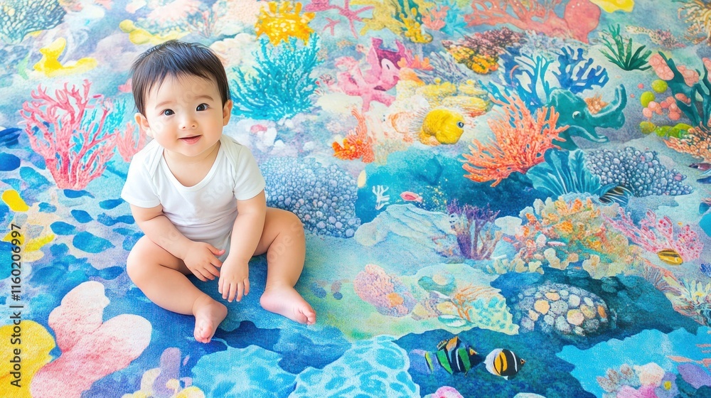 Happy baby sitting on colorful ocean-themed playmat. Happy baby sitting on colorful ocean-themed playmat.