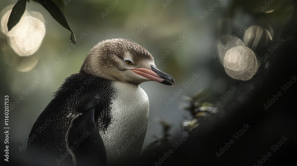 Naklejka premium Yellow-eyed penguin chick in foliage.
