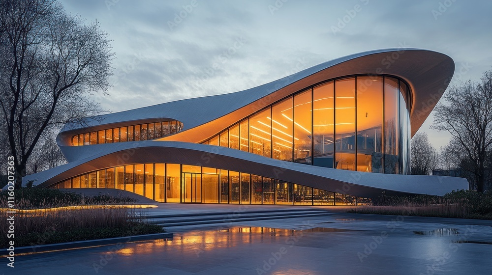 Naklejka premium Modern Architectural Marvel: Night Illumination of a Curvaceous Building