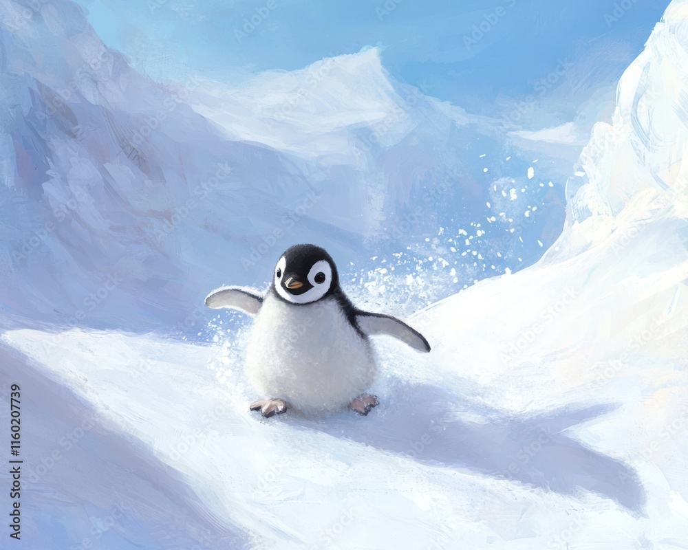 Obraz premium Baby penguin sliding on snow antarctic landscape wildlife winter wonderland playful scene