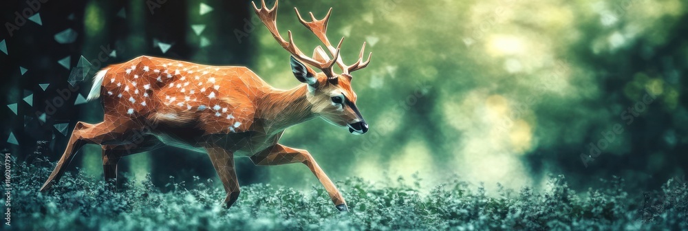 Obraz premium Spotted deer running in a forest.