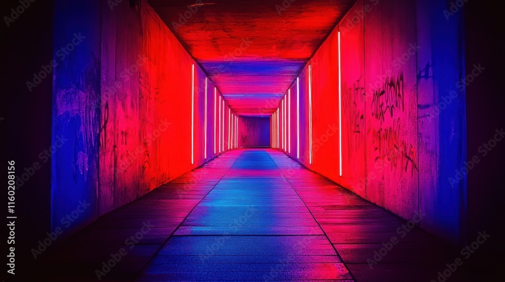 Neon-lit passageway with red and blue lights, graffiti on walls. Neon-lit passageway with red and blue lights, graffiti on walls.