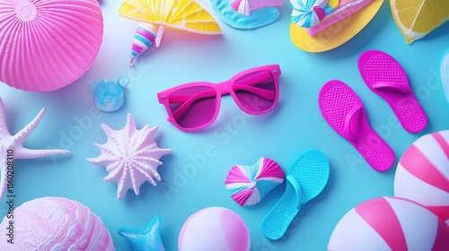 Wallpaper Mural Flat lay summer vacation items; sunglasses, flip-flops, beach balls, seashells on blue background. Torontodigital.ca