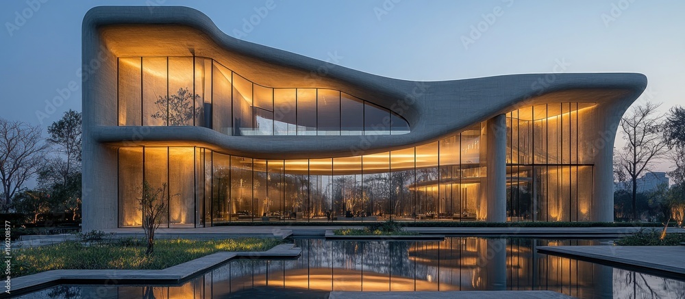 Illuminated Modern Architectural Masterpiece at Dusk Illuminated Modern Architectural Masterpiece at Dusk