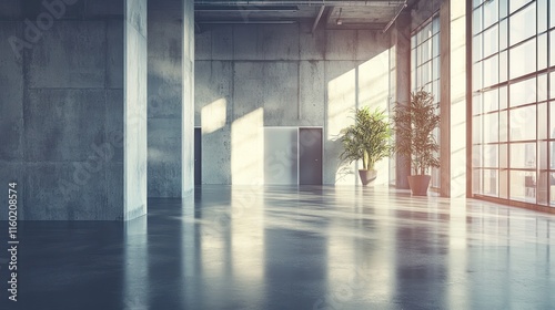Wallpaper Mural Sunlit industrial loft interior with polished concrete floor, large windows, and exposed columns. Torontodigital.ca