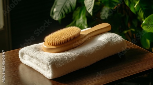 Wooden Grooming Brush with White Towel on a Wooden Table. Generative AI photo