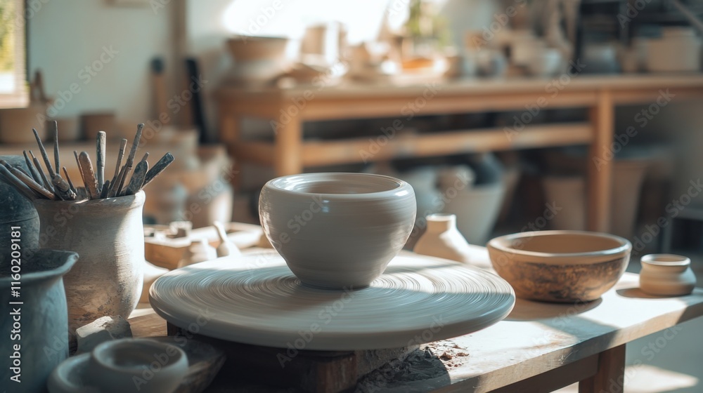 A serene pottery wheel studio with pottery tools and spinning clay, Pottery tools arranged around spinning pottery wheels, Artistic studio style A serene pottery wheel studio with pottery tools and spinning clay, Pottery tools arranged around spinning pottery wheels, Artistic studio style