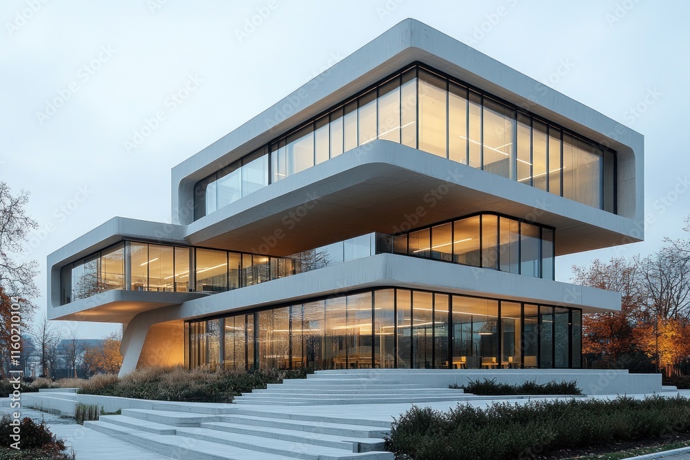 Modern Architectural Marvel: Sleek Concrete Office Building at Dusk Modern Architectural Marvel: Sleek Concrete Office Building at Dusk