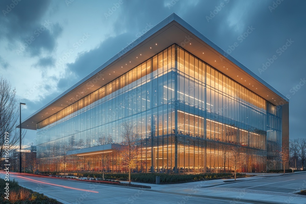 Illuminated Modern Glass Facade Building at Dusk Illuminated Modern Glass Facade Building at Dusk