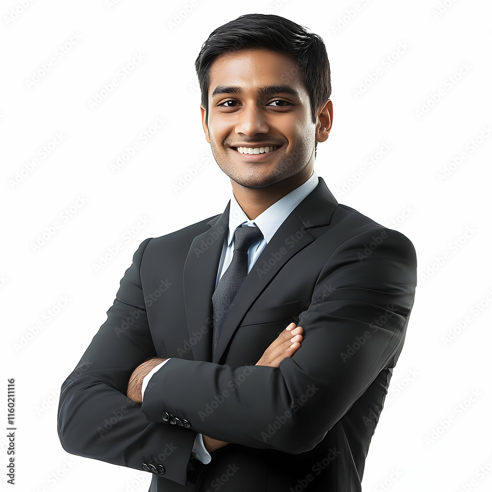 Studio shot of a confident Indian man in a dark gray blazer and white shirt, arms crossed, smiling against a clean white background. Captured with soft and clean lighting for detail. Studio shot of a confident Indian man in a dark gray blazer and white shirt, arms crossed, smiling against a clean white background. Captured with soft and clean lighting for detail.