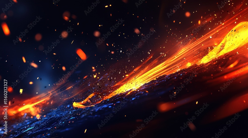 Obraz premium Fiery sparks and glowing trails on dark background.