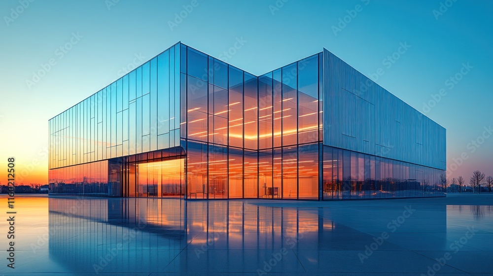 Fototapeta premium Modern Glass Building at Sunset: Architectural Marvel