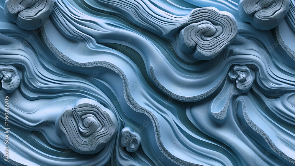Fototapeta premium Dynamic blue abstract texture with flowing patterns and spiraled shapes resembling clouds or waves created in a digital medium