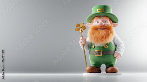 cheerful leprechaun figurine with green hat and shamrock staff, symbolizing luck and celebration. Perfect for festive decorations photo