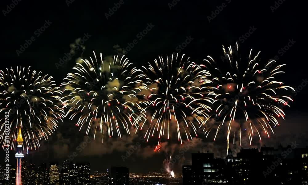 A vibrant fireworks display illuminates the night sky over a city skyline.