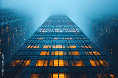 Wallpaper Mural Cityscape at Dusk: A Stunning View of Illuminated Skyscrapers Piercing the Foggy Evening Sky Torontodigital.ca