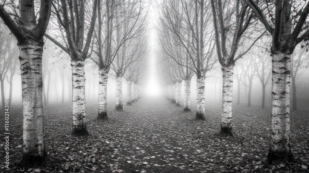 Obraz premium Monochrome photo of a misty path lined with slender trees, leading to a bright light.