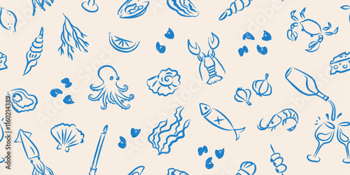 Seafood Hand-Drawn Seamless Pattern Vector Illustration with Fish, Oysters, Crab, Lobsters, Octopus, Wine, and Marine Motifs – Decorative Coastal Ornament