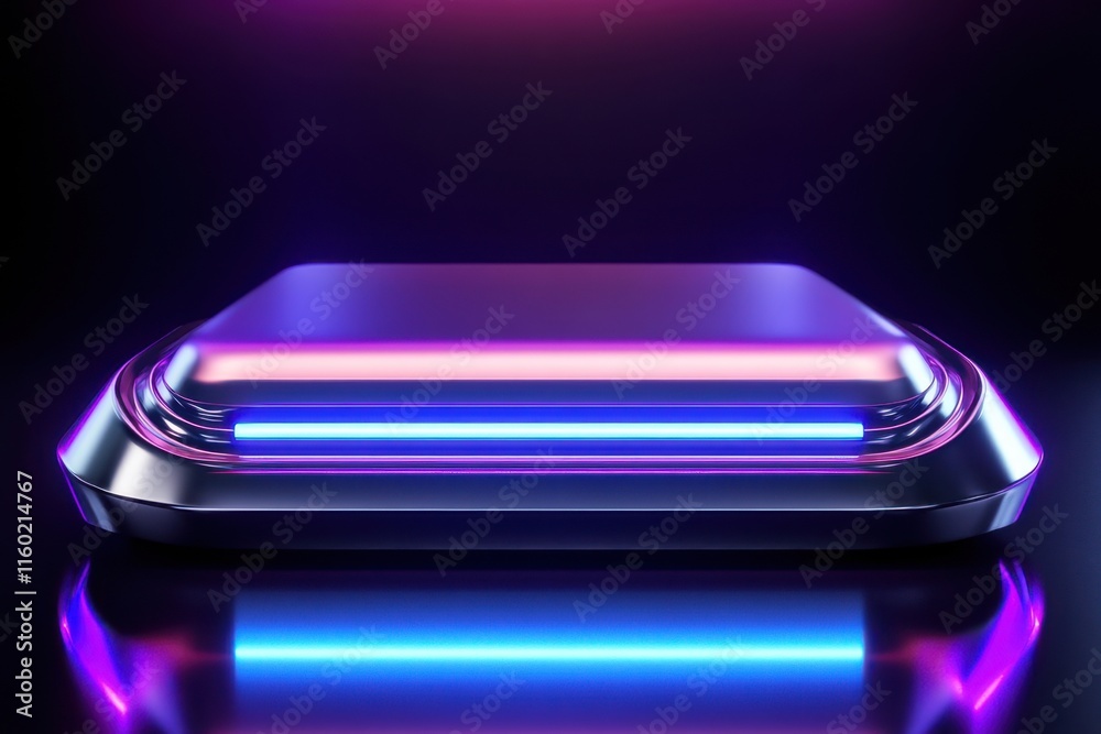 Modern futuristic device glowing with purple and blue neon lights on reflective surface in dark setting Modern futuristic device glowing with purple and blue neon lights on reflective surface in dark setting