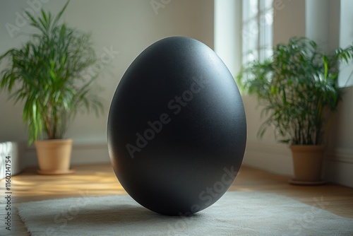 A Black Egg in a Room with Plants