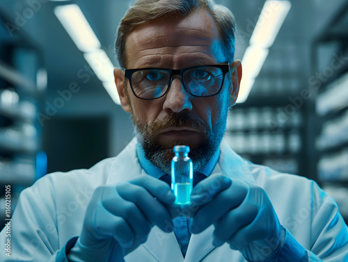 Scientist in a lab holding a vial and analyzing in sterile conditions photo