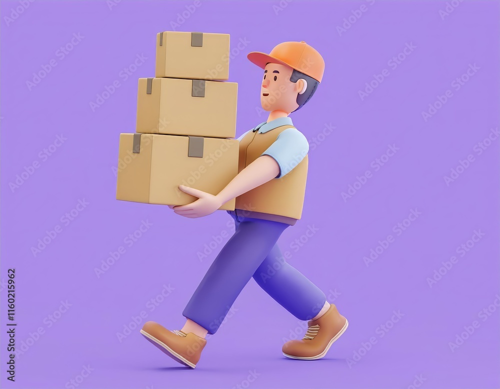 3D delivery person confidently carries a stack of boxes 3D delivery person confidently carries a stack of boxes