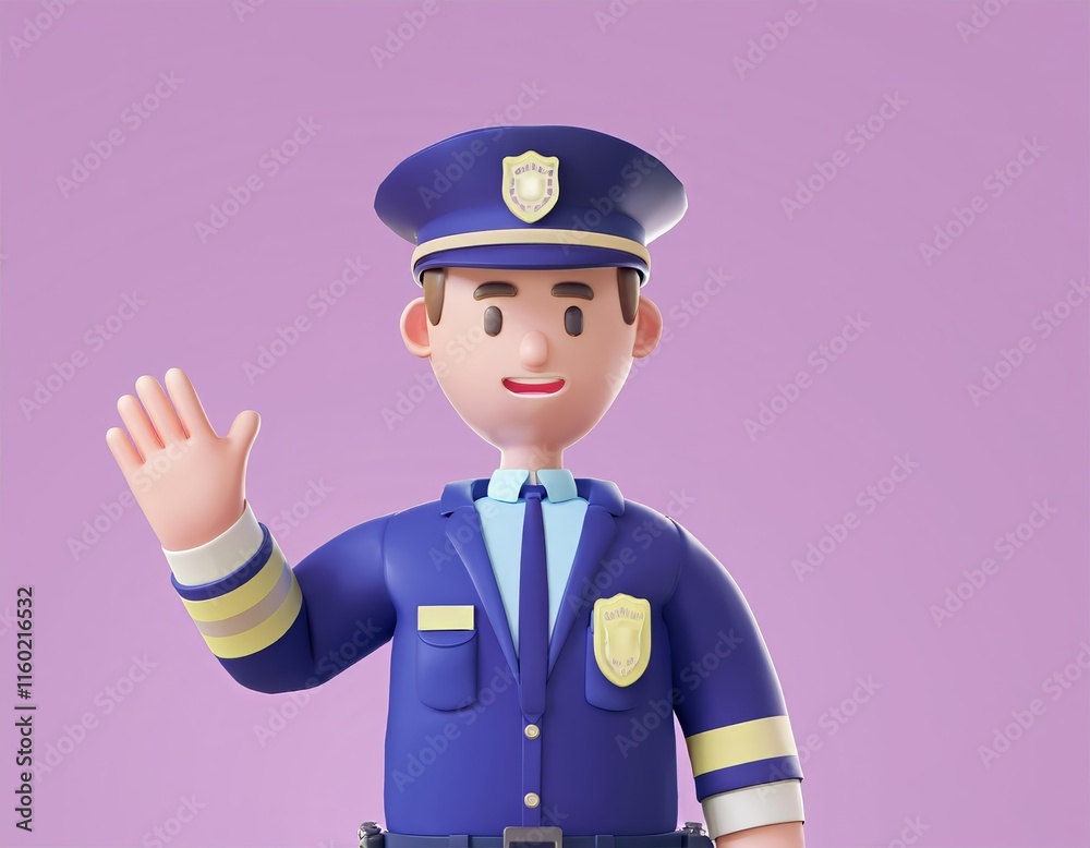 3D friendly cartoon police officer waves hello 3D friendly cartoon police officer waves hello