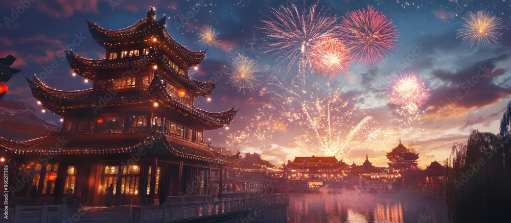 Fototapeta premium Festive Asian town at sunset with fireworks over water.