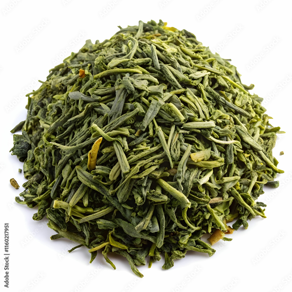 A small heap of green tea leaves is neatly arranged, showcasing their vibrant color and delicate texture. A small heap of green tea leaves is neatly arranged, showcasing their vibrant color and delicate texture.
