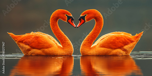 Two Orange Swans Forming a Heart Shape on Calm Water Romantic Wildlife Photography photo