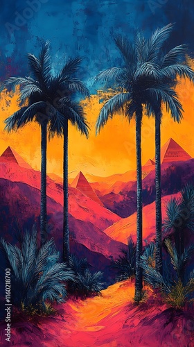 Dreamscape Journey Cosmic Desert Sunset Over Iconic Pyramids Photo