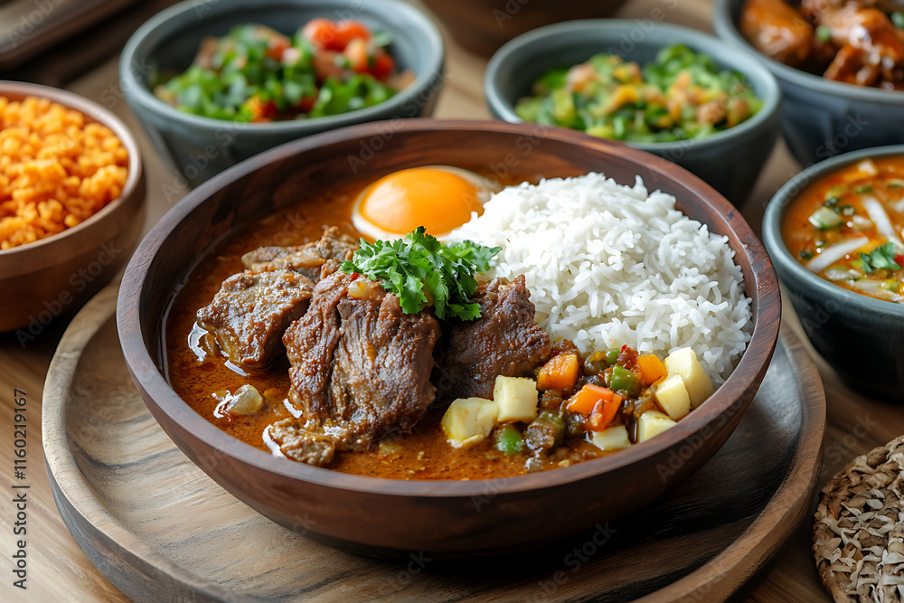 Hearty stew with rice, egg, and vegetables, displayed with side dishes in rustic wooden bowls. Hearty stew with rice, egg, and vegetables, displayed with side dishes in rustic wooden bowls.