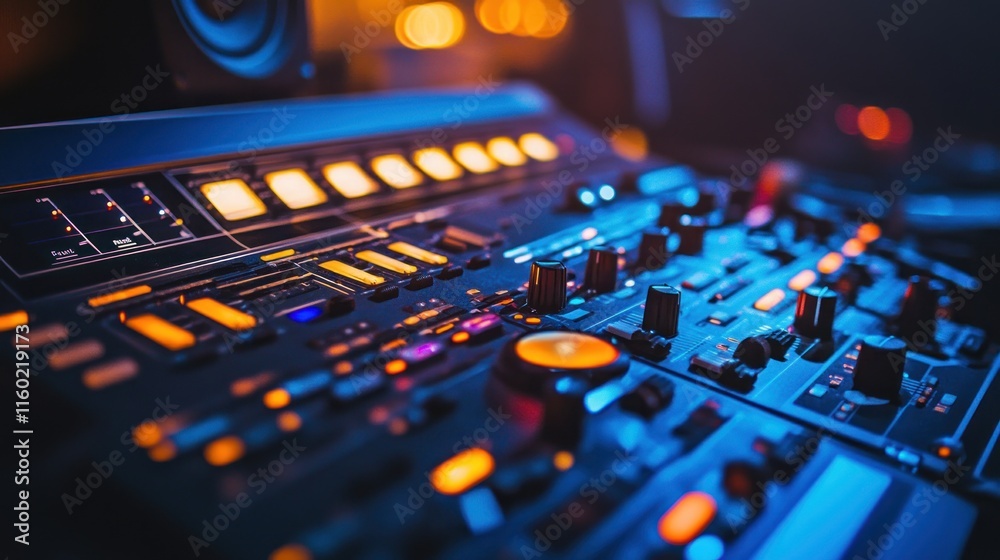 Close-up of a sound mixing console in a dimly lit studio. Close-up of a sound mixing console in a dimly lit studio.